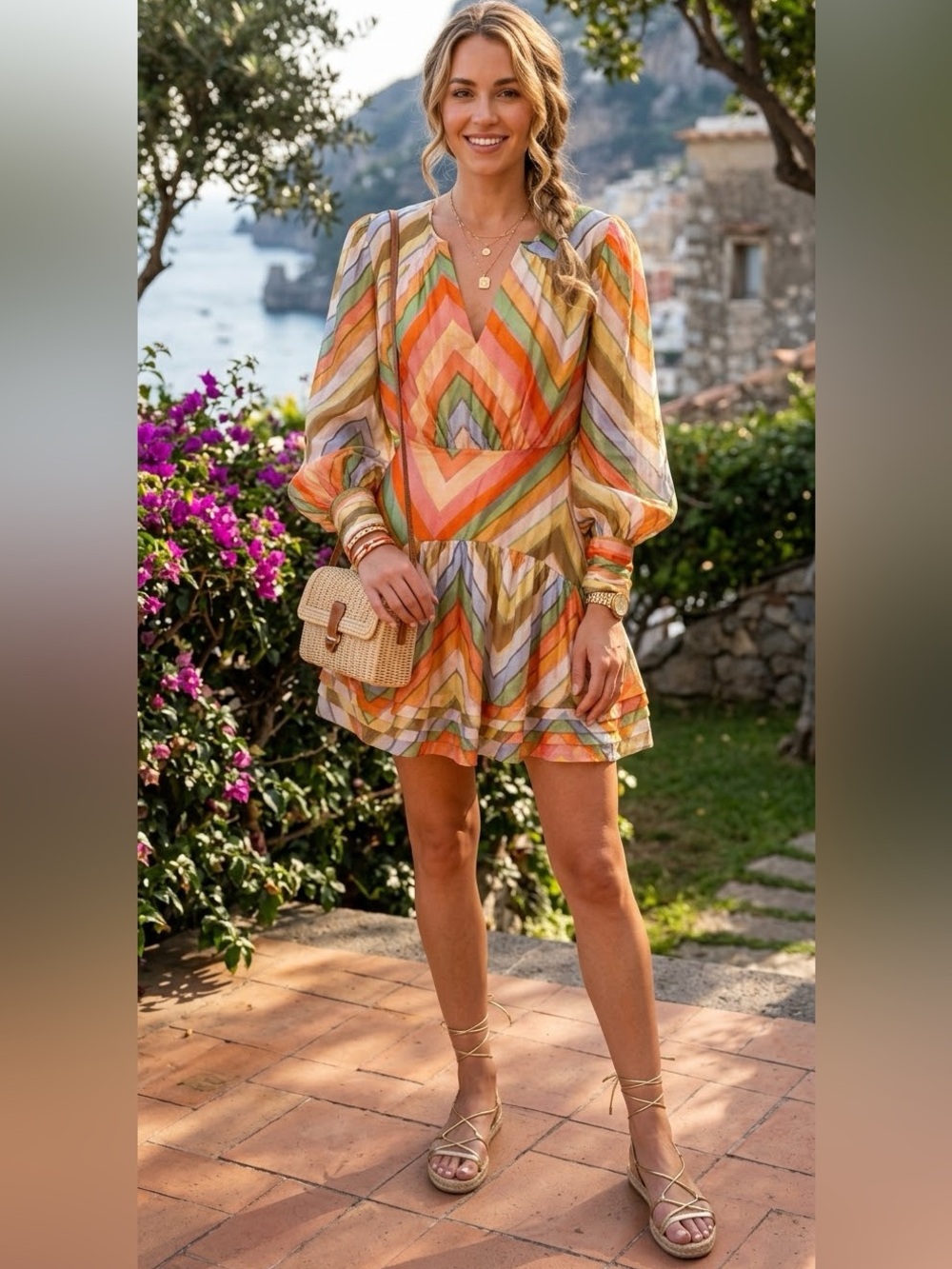 Ciebon “Emerie” Multicolor Chevron Print Long Sleeve Mini Dress